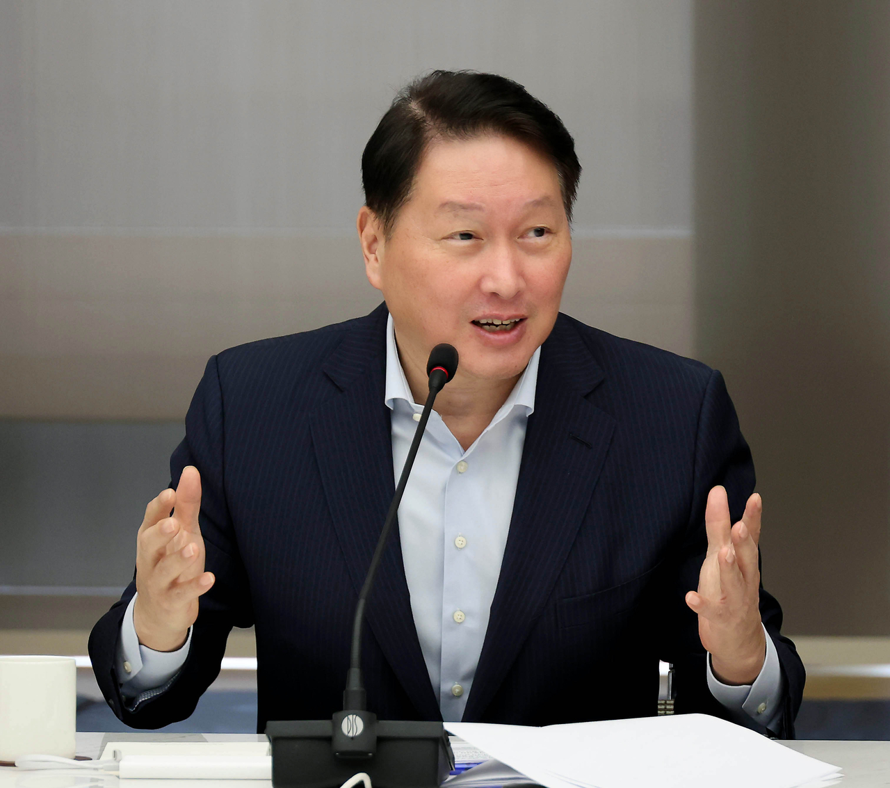 최태원 대한토토사이트 세션 회장이 서울 중구 대한토토사이트 세션회관에서 연 취임 4주년 기념 기자간담회에서 발언을 하고 있다. [대한토토사이트 세션 제공]