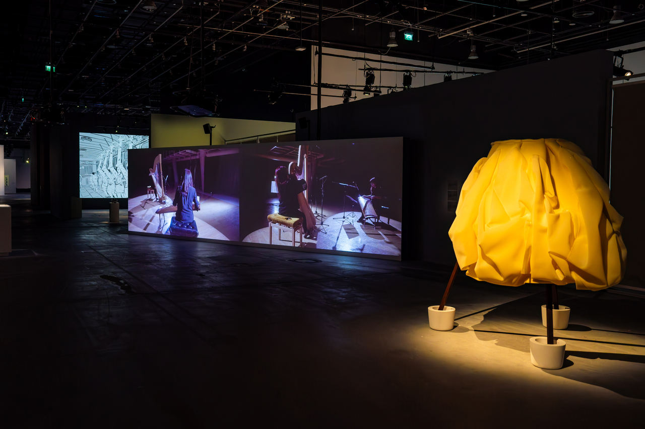 An installation view of "Layered Mediums: We Are in Open Circuits" at Manarat Al Saadiyat in Abu Dhabi, UAE. From left are "Kubo, Walks the City" by Kwon Ha-youn, "Eclipse" by  Jun So-jung and  "Sculpted Bride" by Chung Seo-young. (ADMAF)