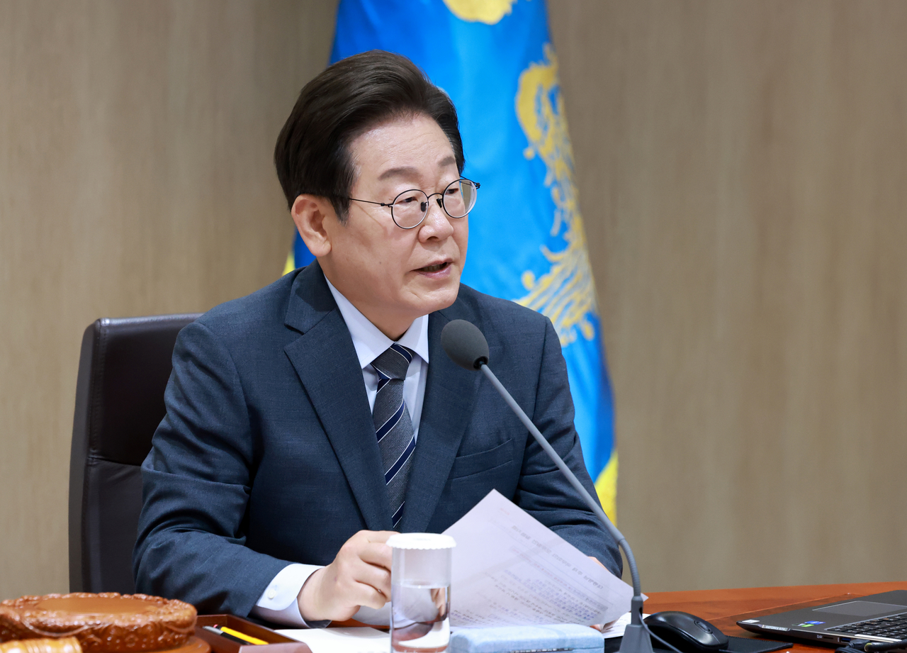 President Lee Jae Myung speaks during a Cabinet meeting held at the presidential office in Seoul on Tuesday. (Yonhap)