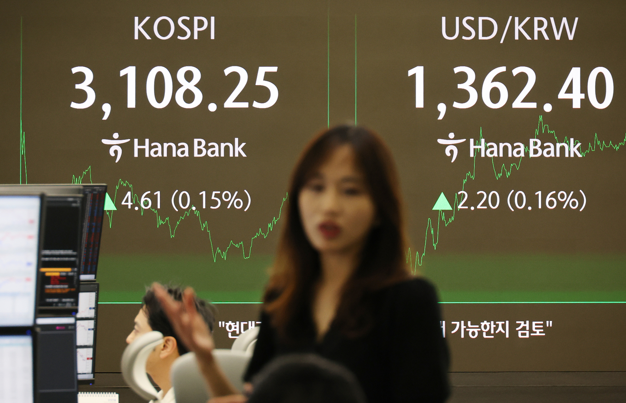 An electronic board showing the Korea Composite Stock Price Index at a dealing room of the Hana Bank headquarters in Seoul on Wednesday. (Yonhap)