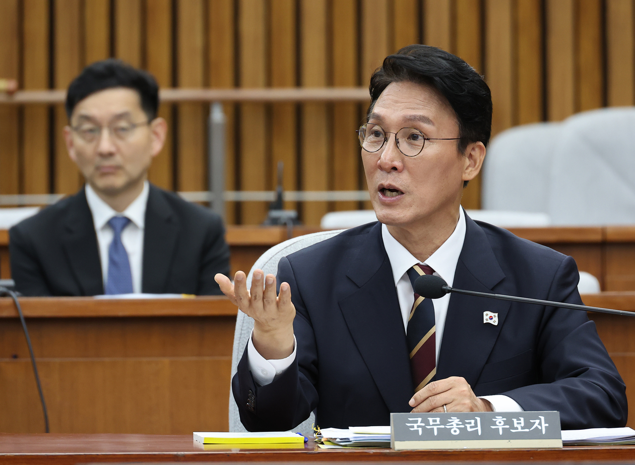 김민석 국무총리 후보자가 25일 서울 여의도 국회에서 열린 인사청문회에서 주진우 국민의힘 의원의 질의에 답하고 있다. [연합]