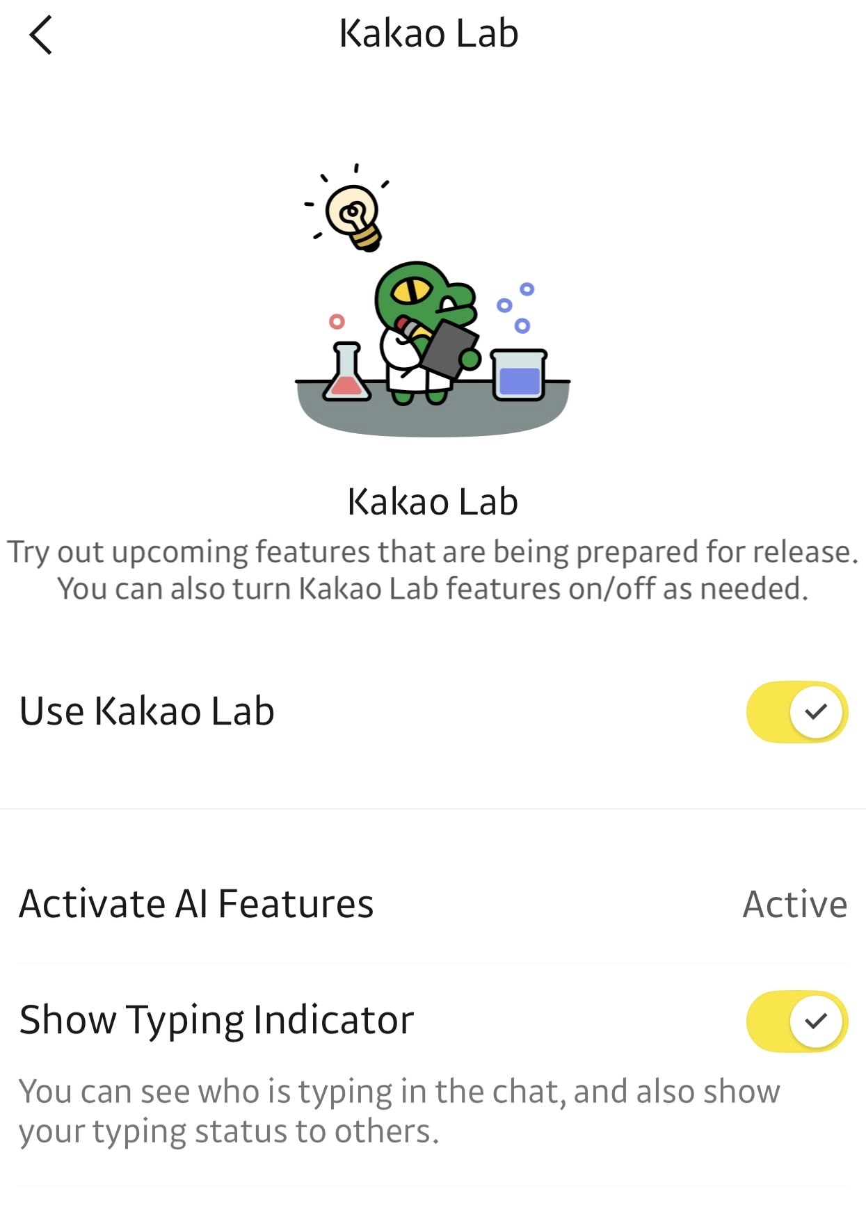 Since May 14 this year, KakaoTalk users can now opt in to the typing indicator via the Kakao Lab settings. (Screenshot from KakaoTalk app)