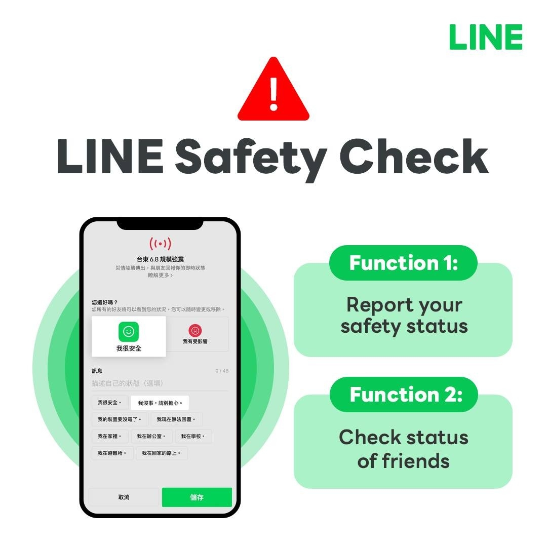 Line Safety Check allows users to receive earthquake alerts, report their safety status and check on others. (Line Plus)
