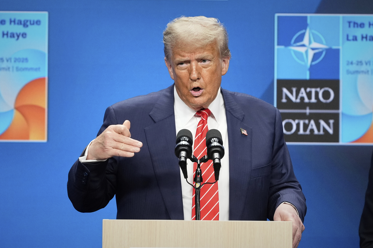 President Donald Trump gestures during a press conference after the plenary session at the NATO summit in The Hague, Netherlands on Wednesday. (AP -Yonhap)