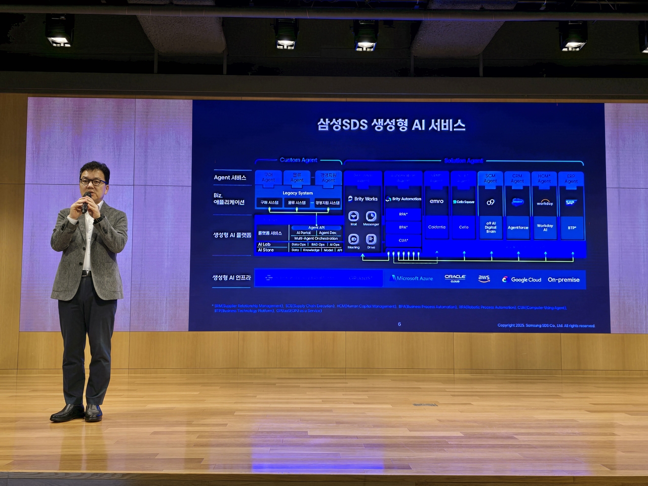 이준희 삼성SDS 대표이사(사장)이 26일 서울 잠실캠퍼스에서 미디어데이를 열고 AI 토토사이트 마무리 멘트 서비스 사업 전략을 발표하고 있다.  [삼성SDS 제공]