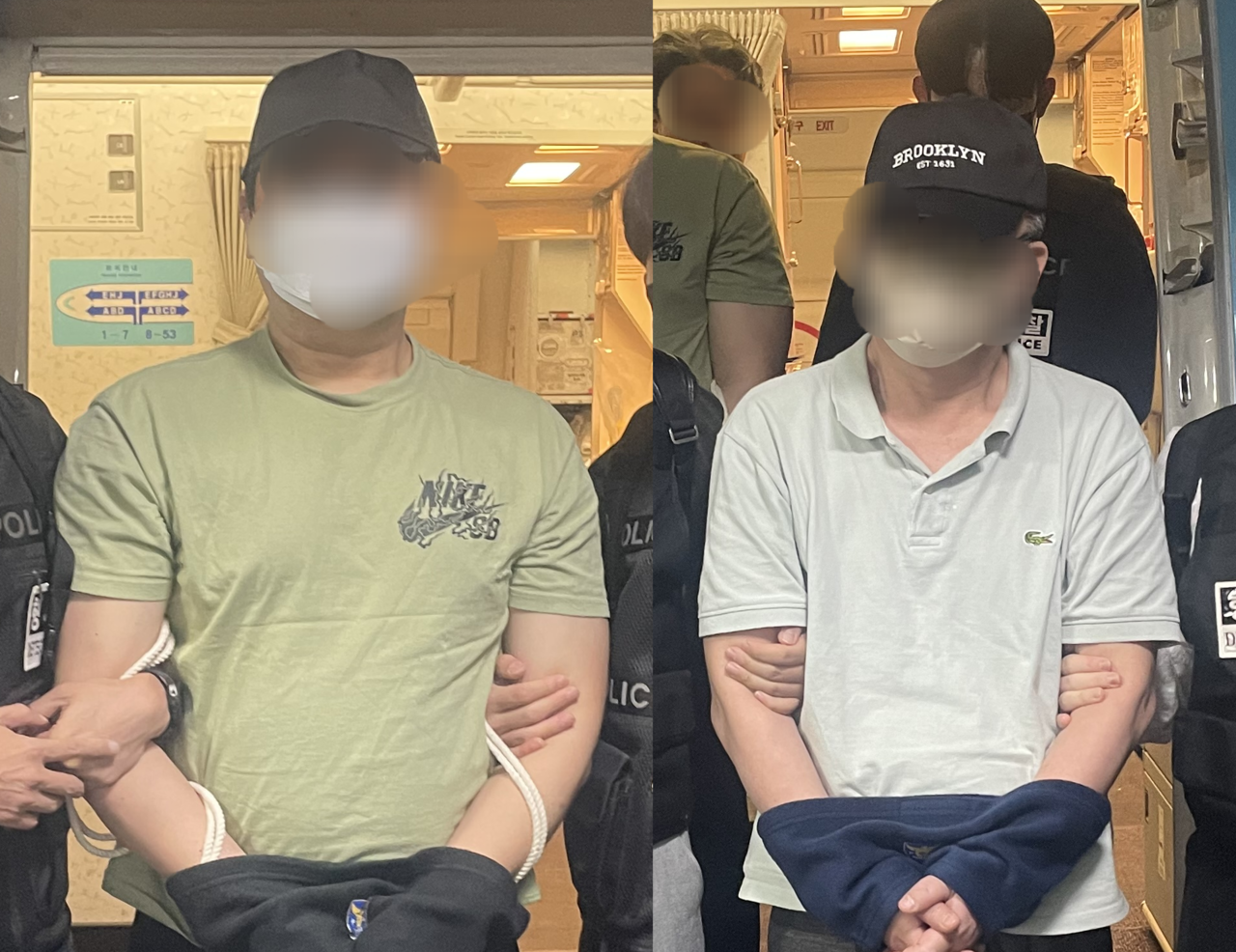 11억원을 빼돌린 뒤 토토사이트 벤틀리으로 도피한 전직 은행원(사진 오른쪽)이 18년 만에 현지에서 붙잡혀 27일 국내로 강제 송환됐다. 160억원 규모의 온라인 도박사이트 운영자도 도피 생활 10년 만에 붙잡혀 같은 날 함께 송환됐다. [경찰청 제공]