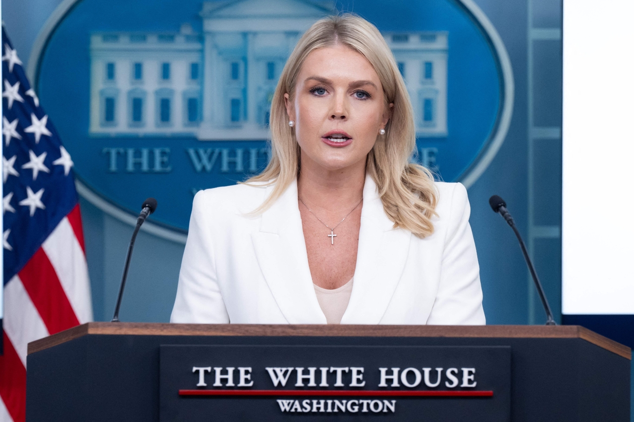 White House Press Secretary Karoline Leavitt speaks during a press briefing at the White House in Washington on Thursday. (AFP-Yonhap)