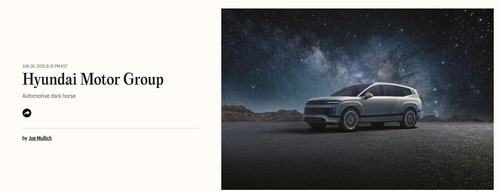 This captured image highlights Hyundai Motor Group's inclusion in the magazine's 100 most influential companies of 2025.  (Time magazine's website)
