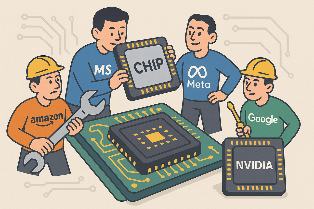 구글, 아마존, 메타, 마이크로소프트(MS) 등 빅테크 기업들이 토토사이트 3 3의 그래픽처리장치(GPU)를 대체할 주문형 반도체(ASIC) 개발에 한창이다. [챗GPT로 제작]