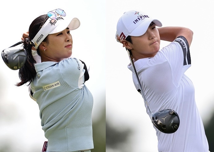 2인 1조 대회인 LPGA 다우 챔피언십 2라운드에서 유탑 토토사이트 9위로 뛰어 오른 윤이나(왼쪽)와 박성현    [게티이미지]