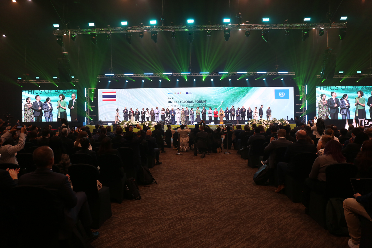 Participants of the UNESCO Global Forum on the Ethics of AI pose for a group photo during the opening ceremony in Bangkok, Wednesday. (UNESCO)