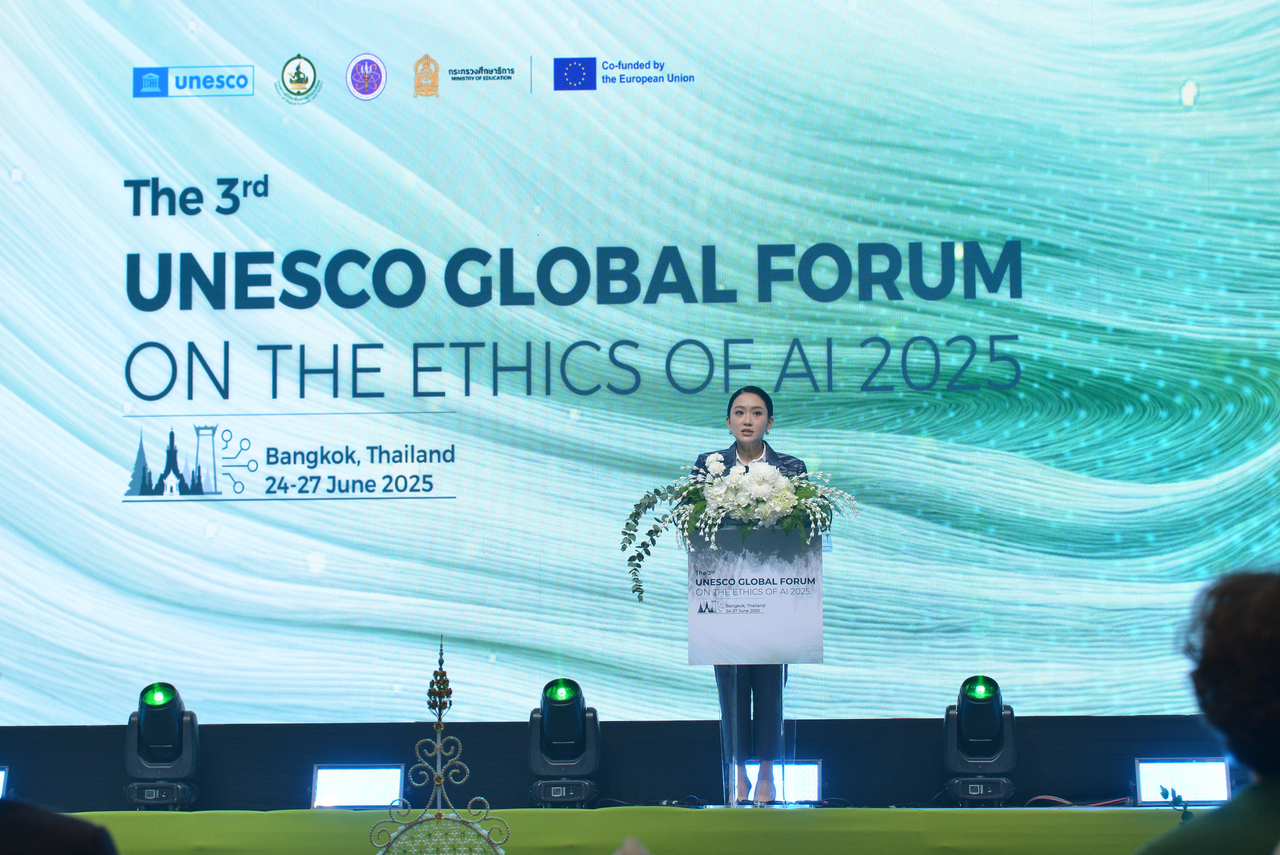 Thai Prime Minister Paetongtarn Shinawatra speaks at the 3rd UNESCO Global Forum on the Ethics of AI, held in Bangkok on Wednesday. (UNESCO)