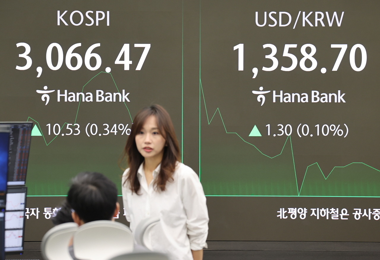 An electronic board showing the Korea Composite Stock Price Index at a dealing room of the Hana Bank headquarters in Seoul on Monday. (Yonhap)