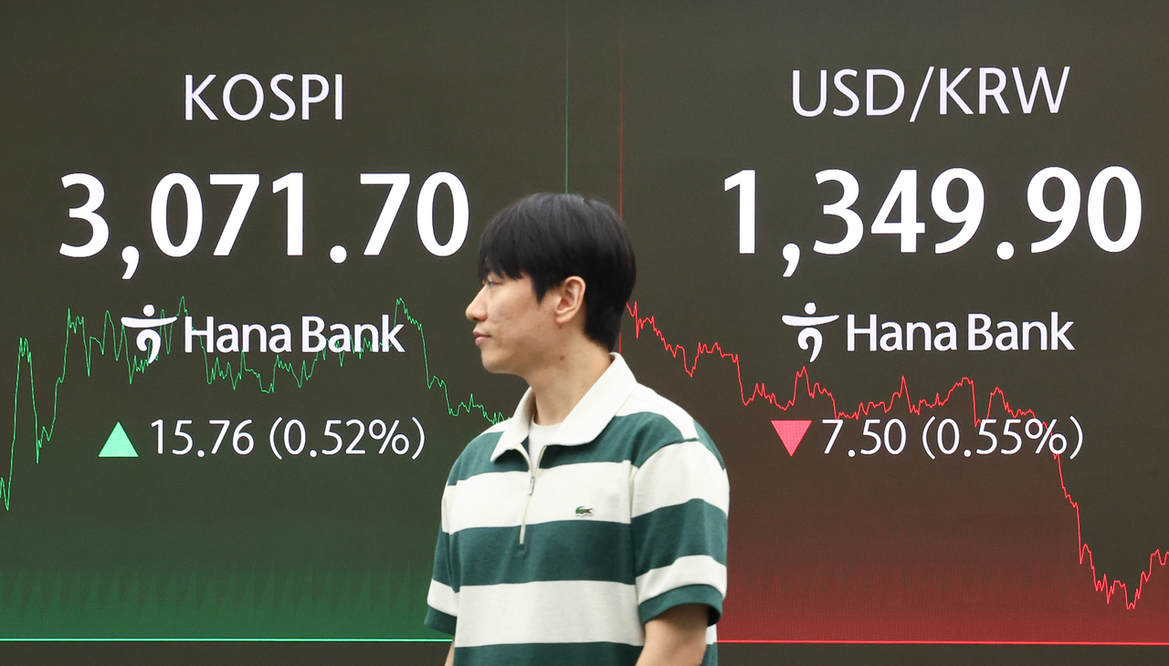 An electronic board showing the Korea Composite Stock Price Index at a dealing room of the Hana Bank headquarters in Seoul on Monday. (Yonhap)