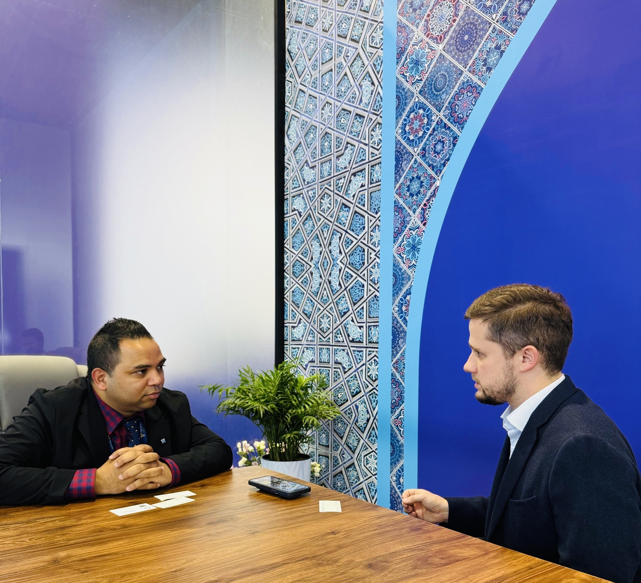 Nikolay Seleznev, co-founder and chief strategy and business development officer at Uzum, speaks in an interview with The Korea Herald on the sidelines of Fourth Tashkent International Investment Forum at Central Asian Expo in Tashkent, Uzbekistan. (Sanjay Kumar/The Korea Herald)