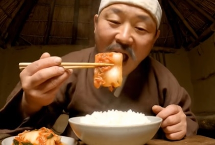 A viral AI-generated Instagram video shows a middle-aged man from the Joseon era eating rice and kimchi like a modern mukbang YouTuber. (Instagram)