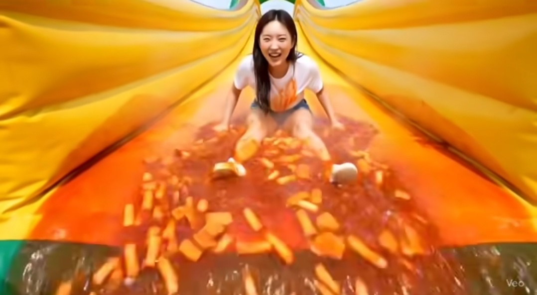 In an AI-generated clip on Instagram, a woman goes down a slide amid a slick of tteokbokki. (Instagram)