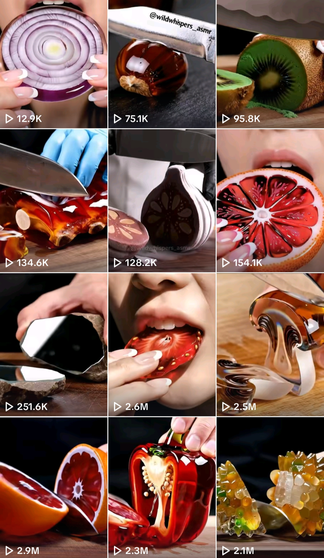 AI-generated videos on TikTok’s WildWhispersASMR channel featuring glass-like fruits and vegetables being sliced or eaten have gone viral, garnering millions of views. (WildWhispersASMR)