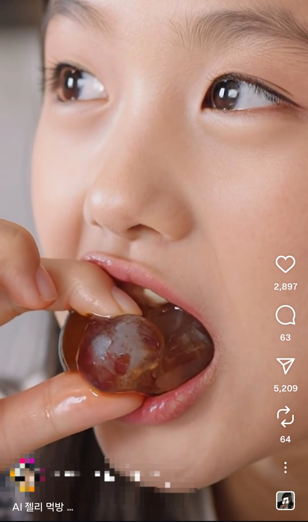 A short AI-generated clip posted on Instagram features a virtual mukbang influencer eating jelly. (Instargram)