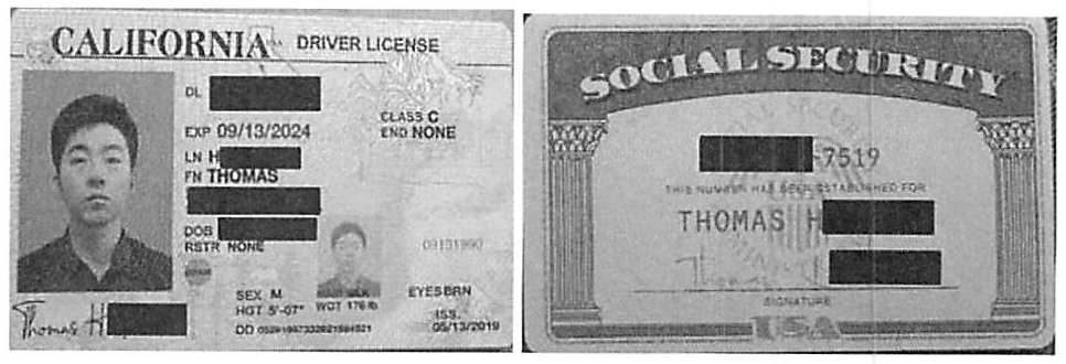A photo extracted by The Korea Herald from a US federal indictment released by the Justice Department on Monday shows a stolen US citizen’s ID allegedly used by an unidentified overseas co-conspirator to apply for a position at an unnamed US company. (US Department of Justice)
