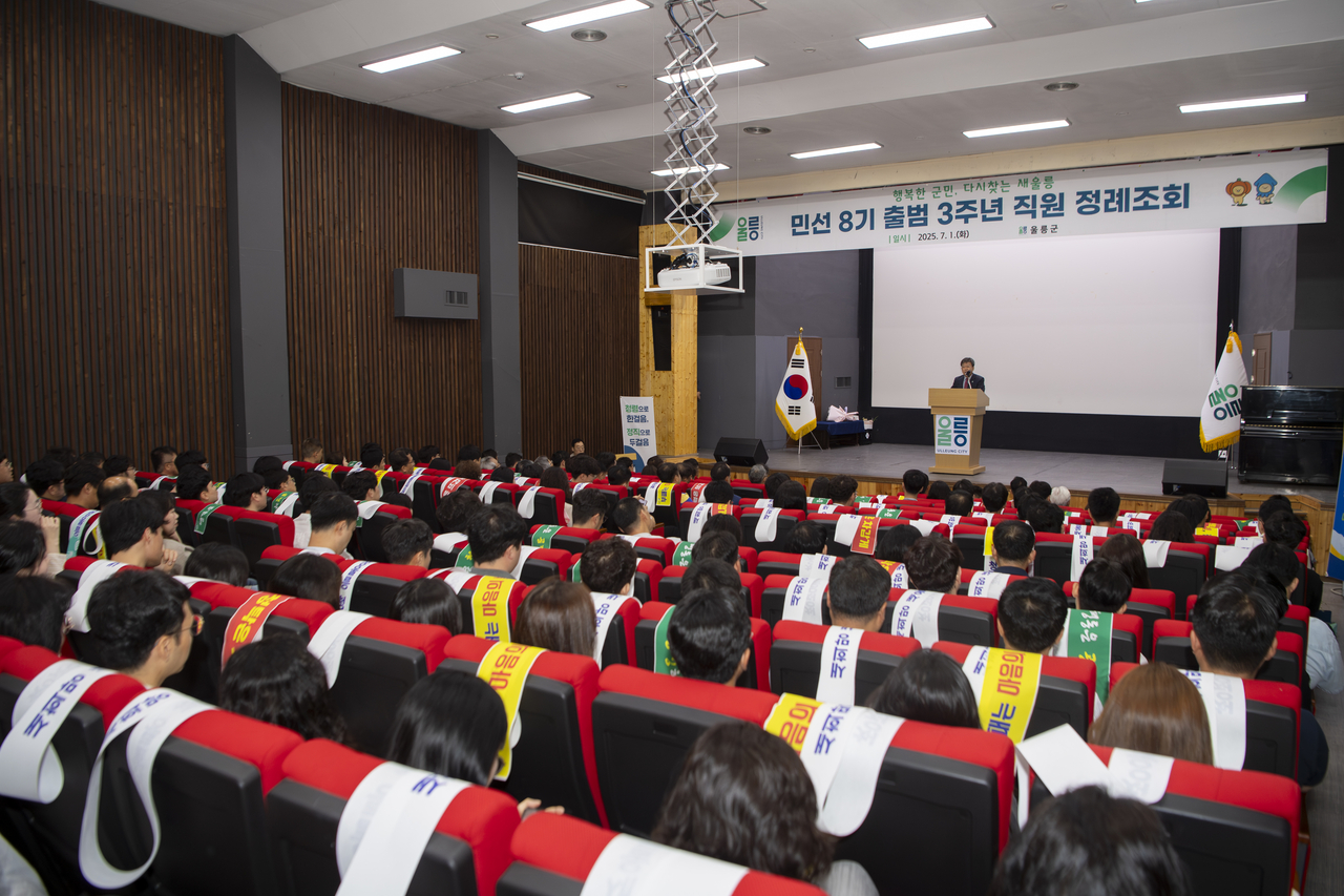 1일 남한권 울릉군수가 민선8기 3주년 성과보고회 및 직원 정례 조회에서 인사말을 하고 있다 [울릉군 제공]
