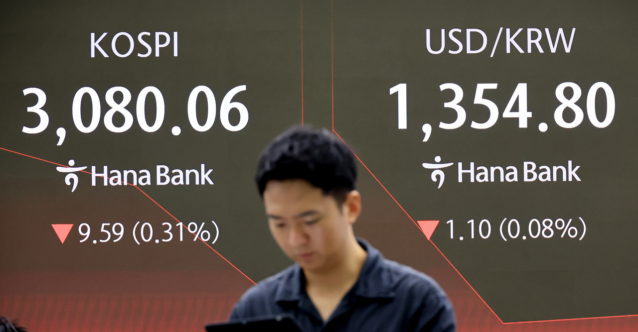 An electronic board showing the Korea Composite Stock Price Index at a dealing room of the Hana Bank headquarters in Seoul on Wednesday. (Yonhap)