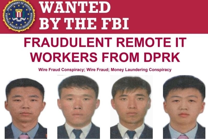 Four North Korean nationals wanted by the FBI for wire fraud and other charges are seen in a wanted poster in this image captured from the FBI's website on Tuesday. (FBI website)