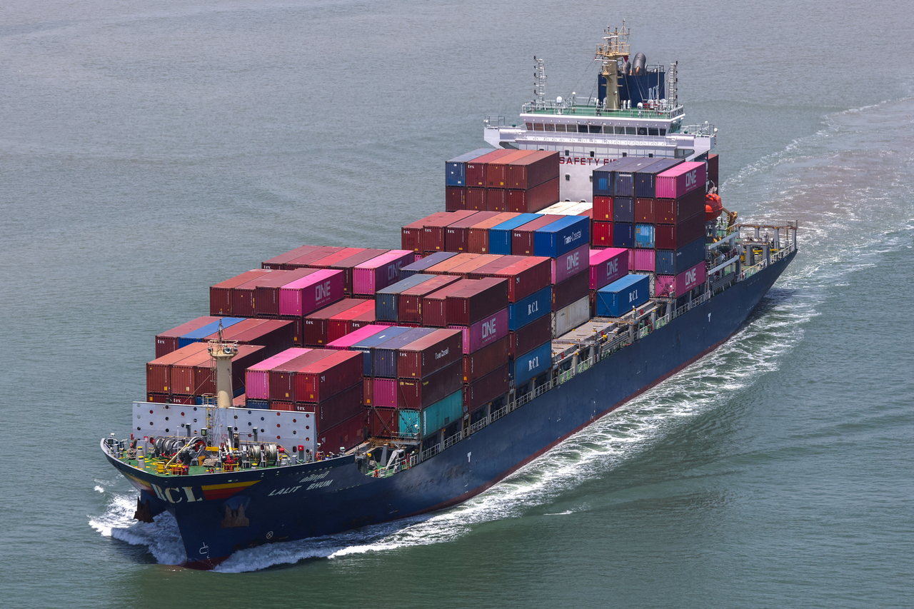 A container ship is seen near the Hai Phong International Container Terminal in Hai Phong, Vietnam, April 16.   Reuters-Yonhap