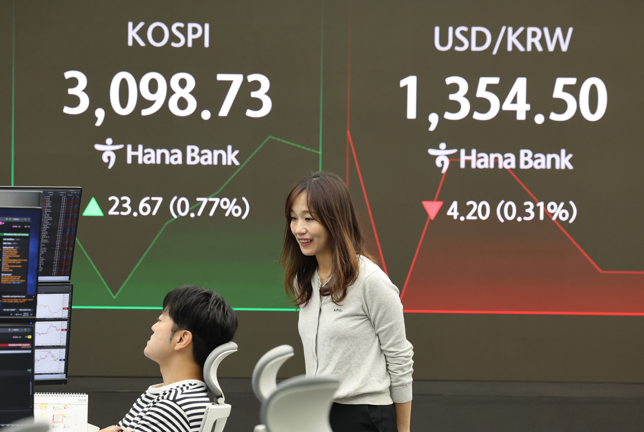 An electronic board showing the Korea Composite Stock Price Index at a dealing room of the Hana Bank headquarters in Seoul on Thursday. (Yonhap)