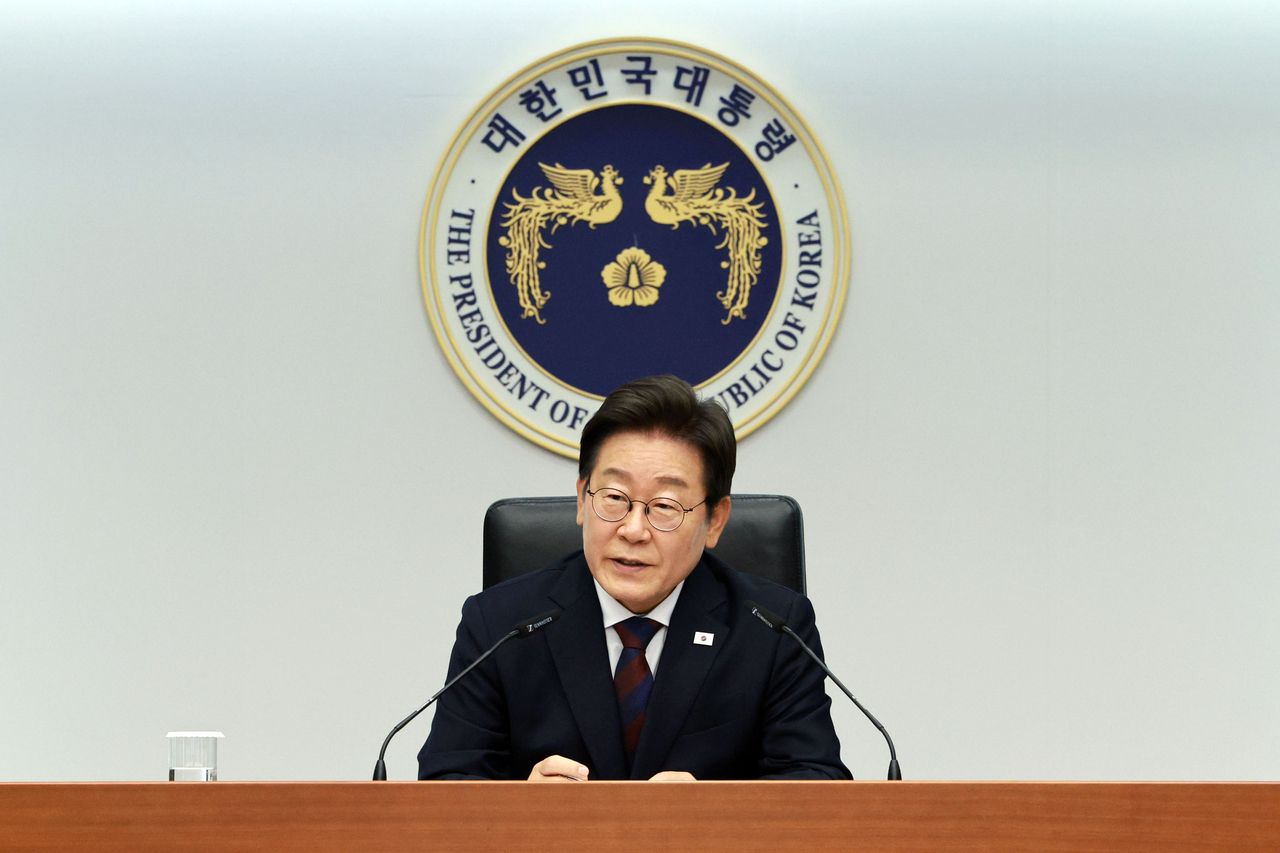 President Lee Jae Myung attends the second meeting with his senior secretaries since his taking office at the presidential office in Seoul on Friday. (Yonhap)