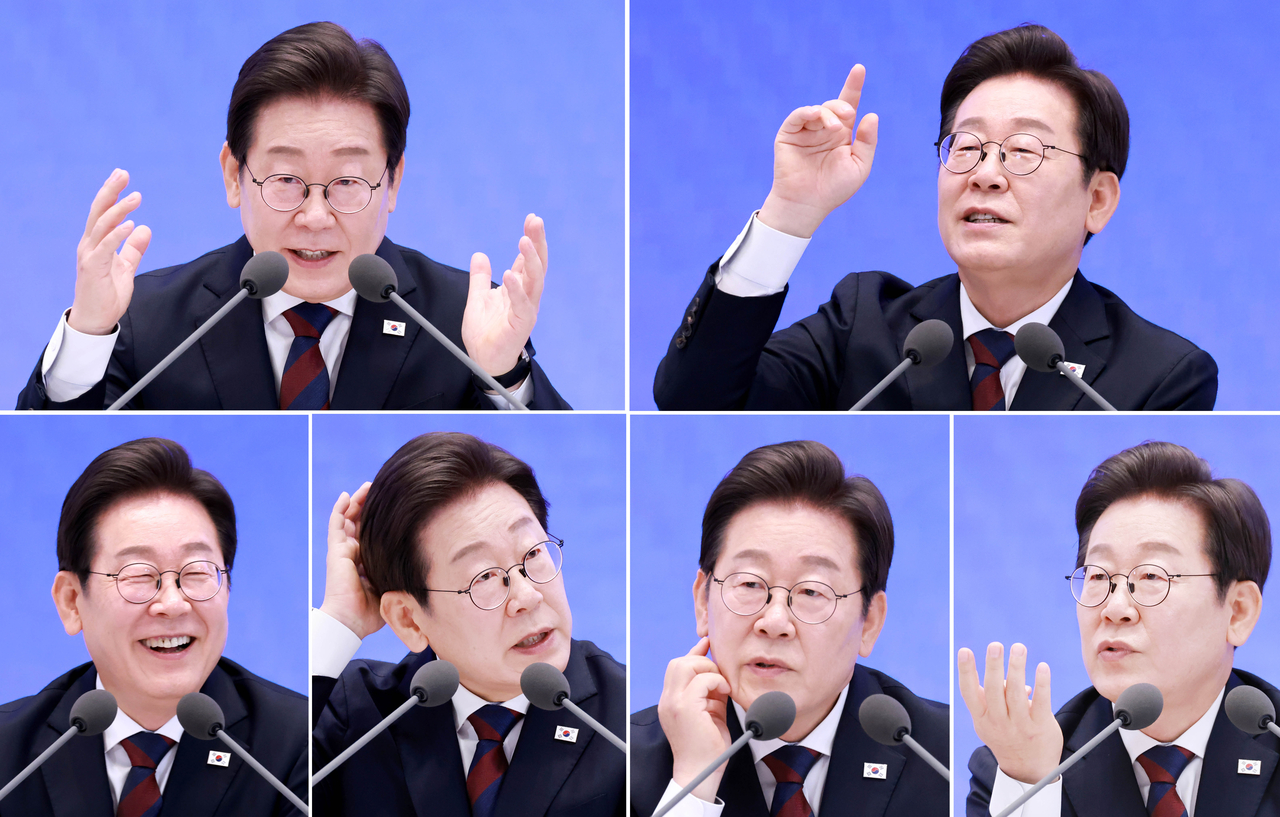 This photo collage shows President Lee Jae Myung speaking during the news conference at Cheong Wa Dae in Seoul on Thursday. (Yonhap)