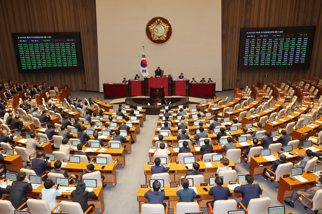 4일 국회 투게더토토에서 2025년도 제2회 추가경정예산안에 대한 수정안이 통과되고 있다. [연합]