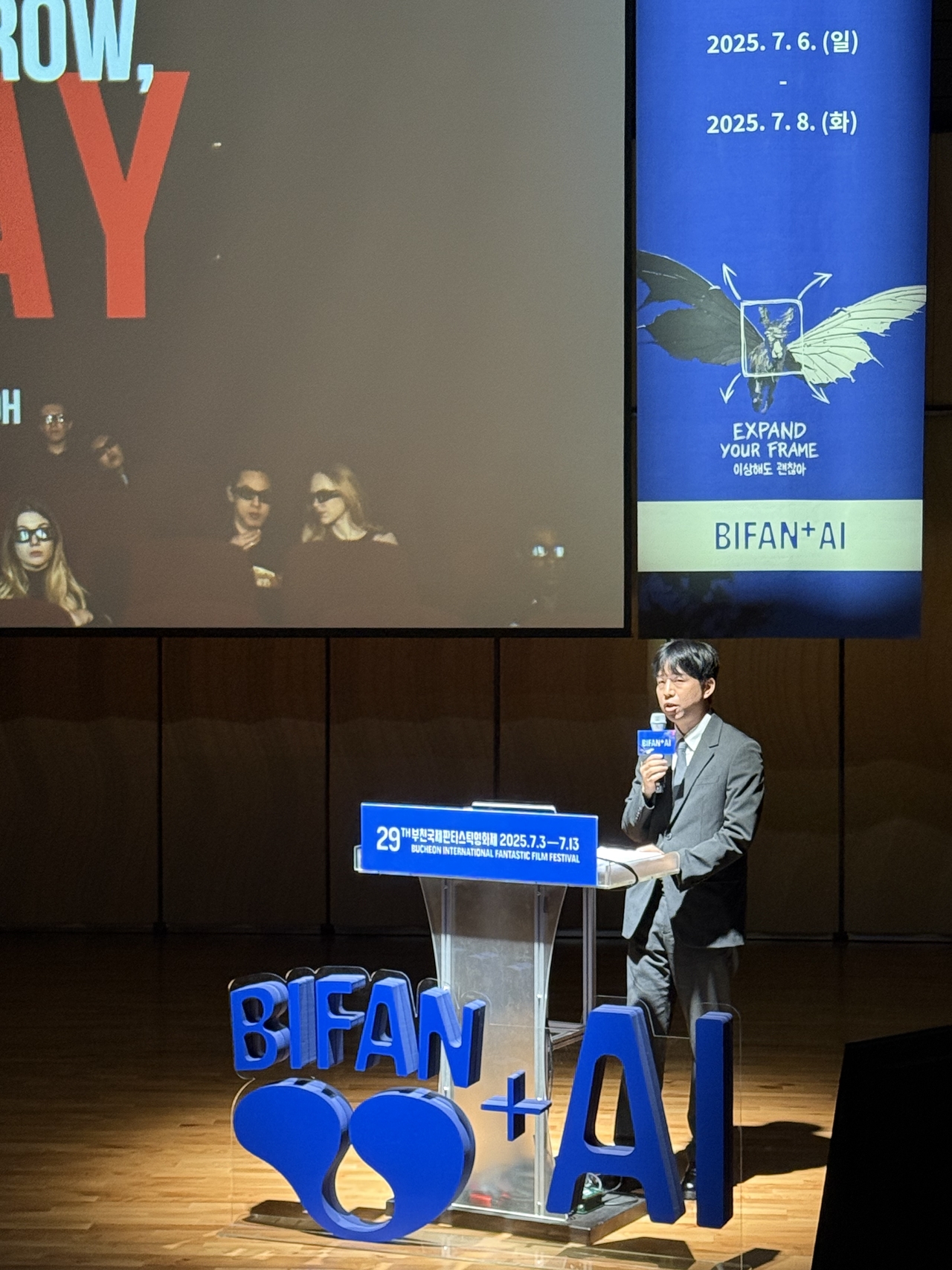 Roy Oh presents his AI-generated film "Color My Garden" at the Bucheon International Fantastic Film Festival's AI Conference at Bucheon Art Center, Sunday. (Moon Ki-Hoon/The Korea Herald)