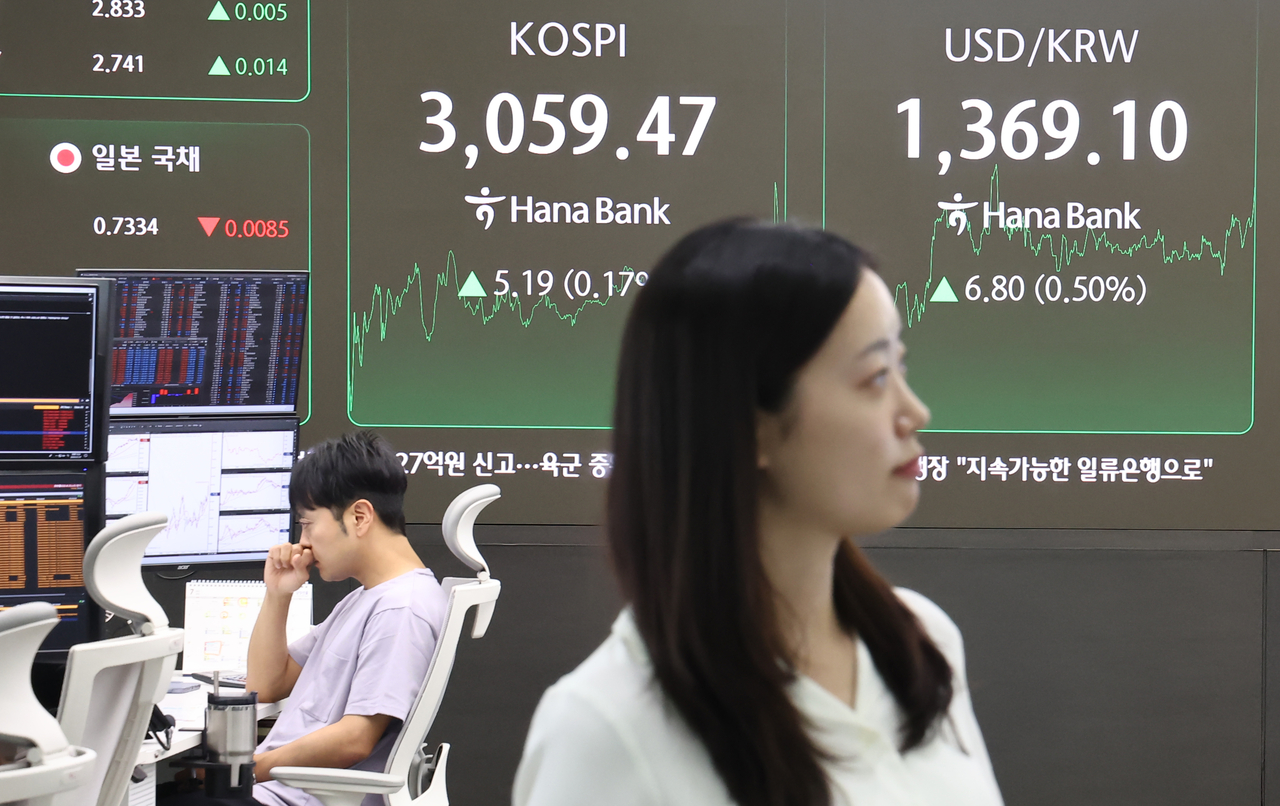 An electronic board showing the Korea Composite Stock Price Index at a dealing room of the Hana Bank headquarters in Seoul on Monday. (Yonhap)