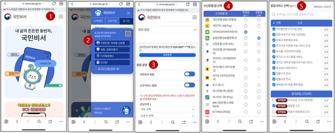 토토사이트 w 모바일 가입 절차
❶ 토토사이트 w 누리집(www.ips.go.kr) 방문 및 전체 메뉴 선택 ❷ 본인 간편인증 ❸ 알림설정 ❹ 수신채널 선택 ❺ 알림서비스 선택
[행정안전부 자료]