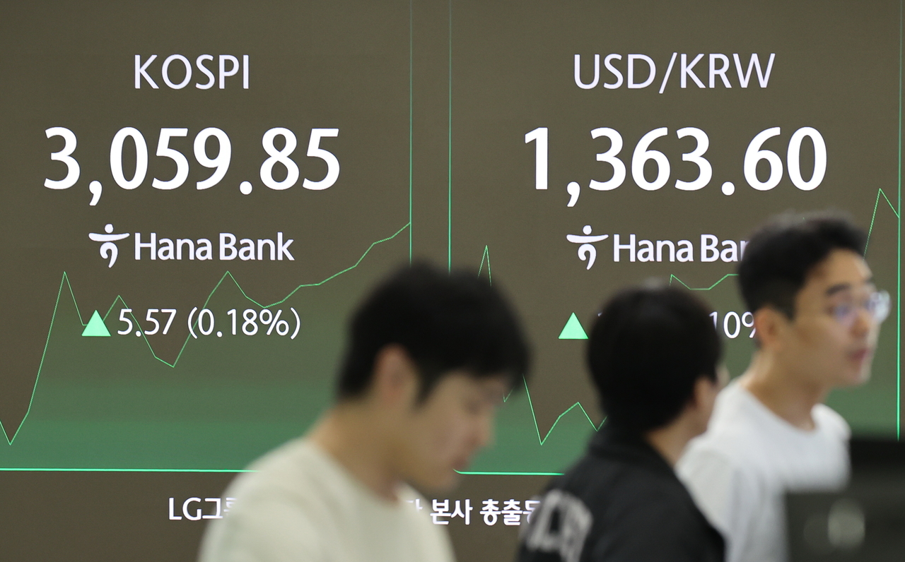 An electronic board showing the Korea Composite Stock Price Index at a dealing room of the Hana Bank headquarters in Seoul on Moday. (Yonhap)