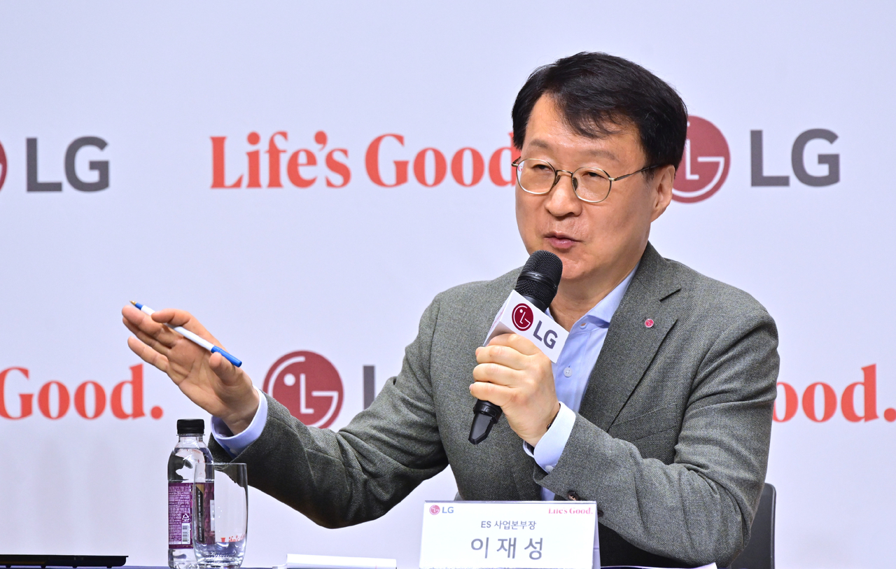 Lee Jae-sung, president of the eco solution division at LG Electronics, speaks in a press briefing in Seoul on Tuesday. (LG Electronics)
