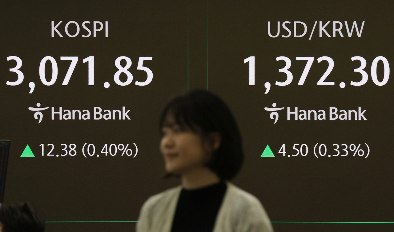 An electronic board showing the Korea Composite Stock Price Index at a dealing room of the Hana Bank headquarters in Seoul on Tuesday. (Yonhap)