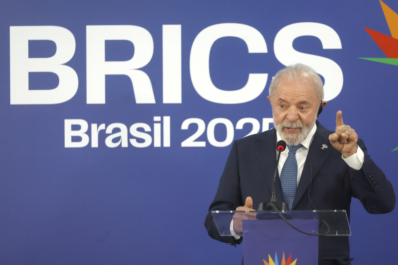 President of Brazil Luiz Inacio Lula da Silva speaks at a press conference during the BRICS summit in Rio de Janeiro, Brazil, Monday.  EPA-Yonhap