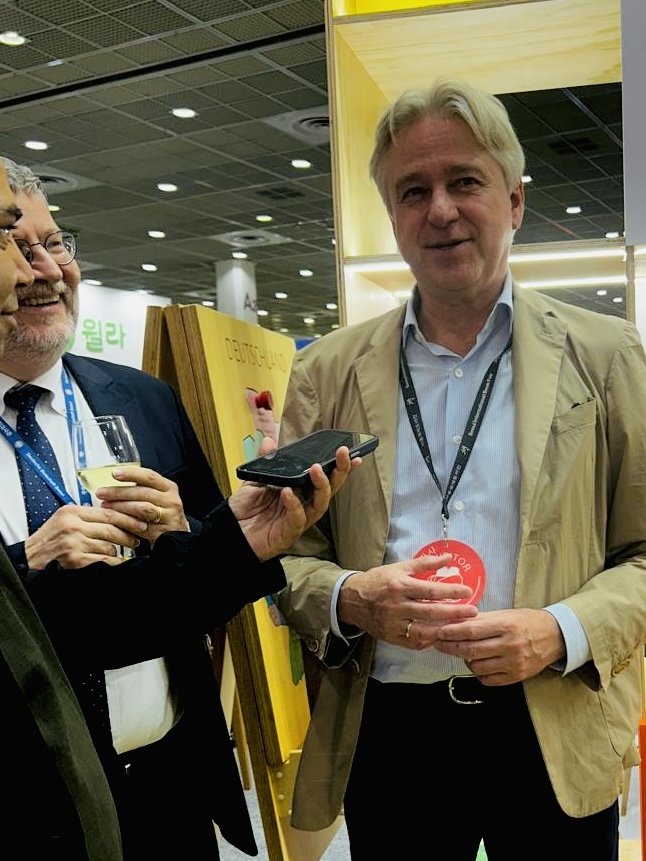 Juergen Boos (right), president and CEO of Frankfurt Book Fair and Joern Beissert, deputy ambassador at the German Embassy in Seoul speak with The Korea Herald in Seoul International Book Fair 2025 at Coex Convention Center in Seoul on Thursday. (Sanjay Kumar/ The Korea Herald)