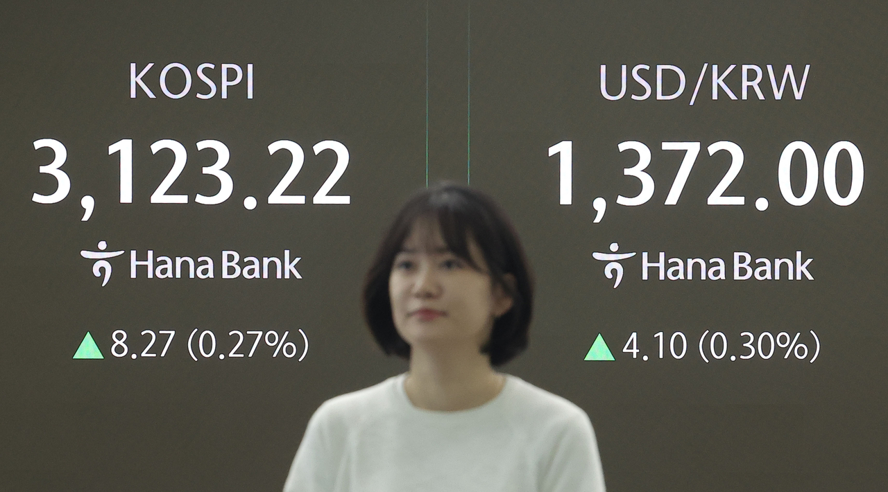 An electronic board showing the Korea Composite Stock Price Index at a dealing room of the Hana Bank headquarters in Seoul on Wednesday. (Yonhap)