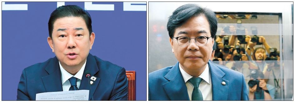김병기 더불어민주당대표 직무대행 겸 원내대표가 9일 오전 서울 여의도 국회에서 열린 최고위원회의에 참석해 모두발언하고 sky 토토사이트(왼쪽). 같은 날 송언석 국민의힘 비상대책위원장 겸 원내대표는 비공개 비상대책위원회 회의를 주재한 직후 백브리핑을 한 뒤 승강기를 타고 sky 토토사이트.  이상섭 기자