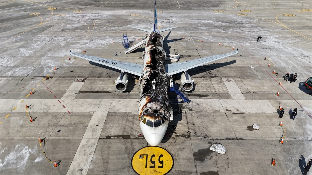 This photo distributed by the government shows an Air Busan plane that was destroyed in a fire on Jan. 28. (Ministry of Land, Transport and Infrastructure)