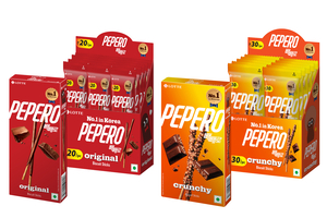 Lotte Wellfood Pepero original and crunchy varieties lined up in blue and red packaging