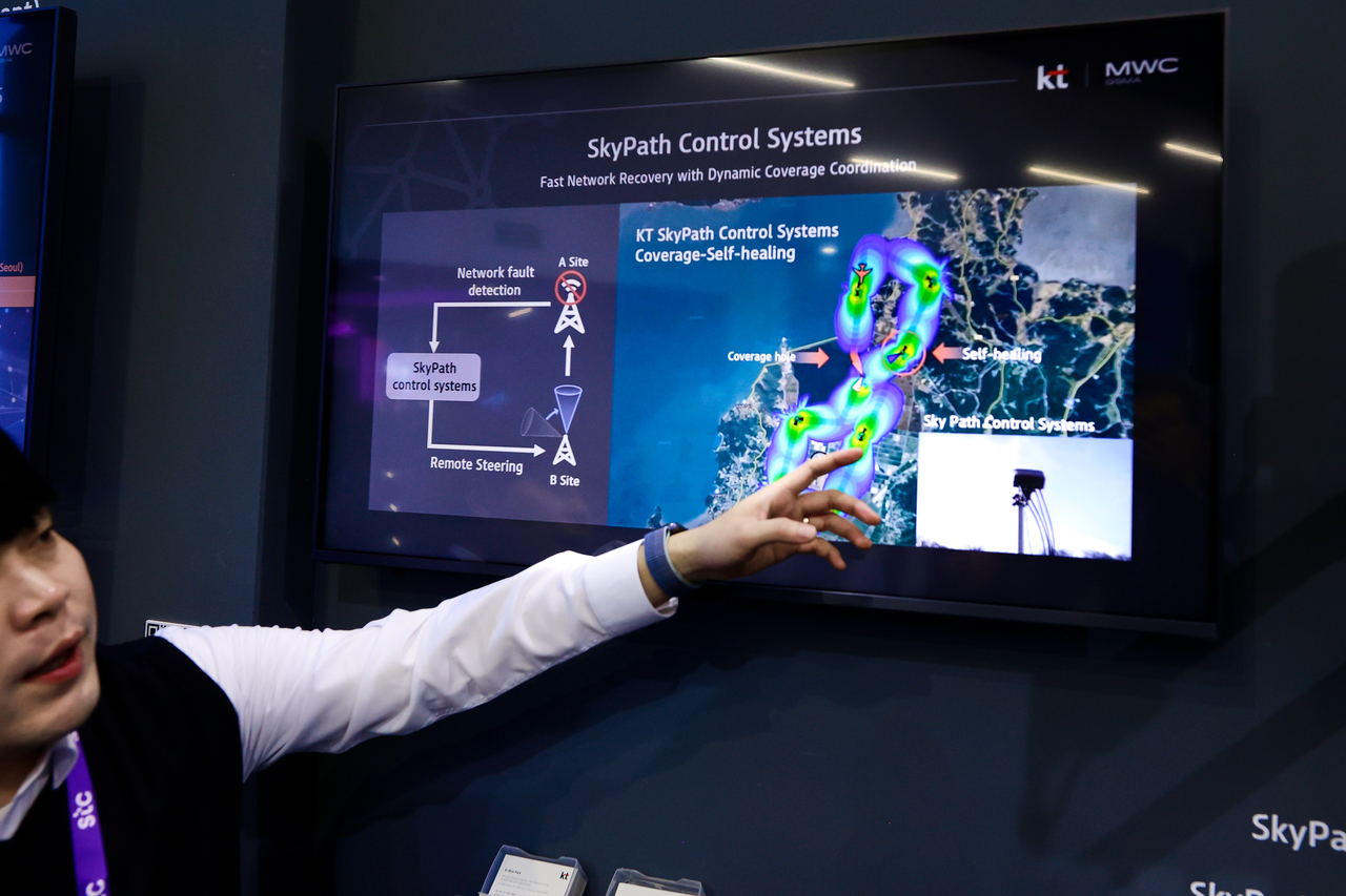 A man is explaining the system that KT has created to ensure constant network coverage for unmanned passenger drones through a network of self-healing antennas in Seoul, at the Mobile World Congress 2024 in Barcelona, Spain, on April 2, 2024. (Getty Images)