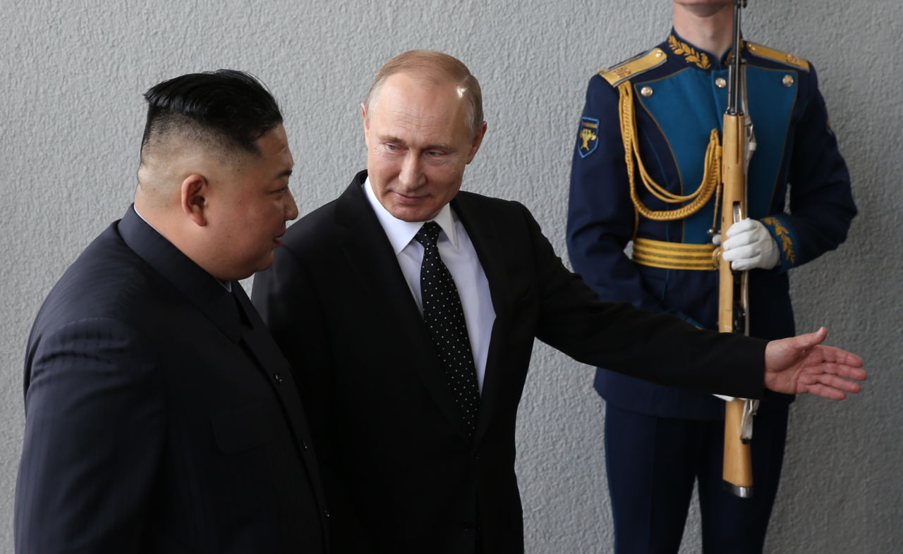 Russian President Vladimir Putin (right) greets North Korean Leader Kim Jong-un (left) before a meeting April 25, 2019 in Vladivostok, Russia. Kim Jong-un is on his first visit to Russia.  (Photo by Mikhail Svetlov/Getty Images)