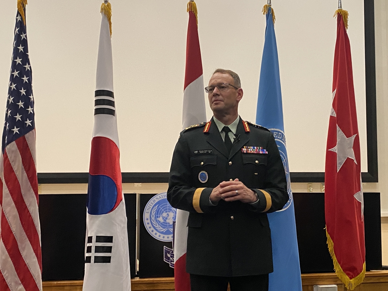 UN Command Deputy Commander Derek Macaulay speaks during a press conferecne at the UN Command headquarters in Pyeongtaek, Gyeonggi Province, Tuesday. (Hwang Joo-young/The Korea Herald)
