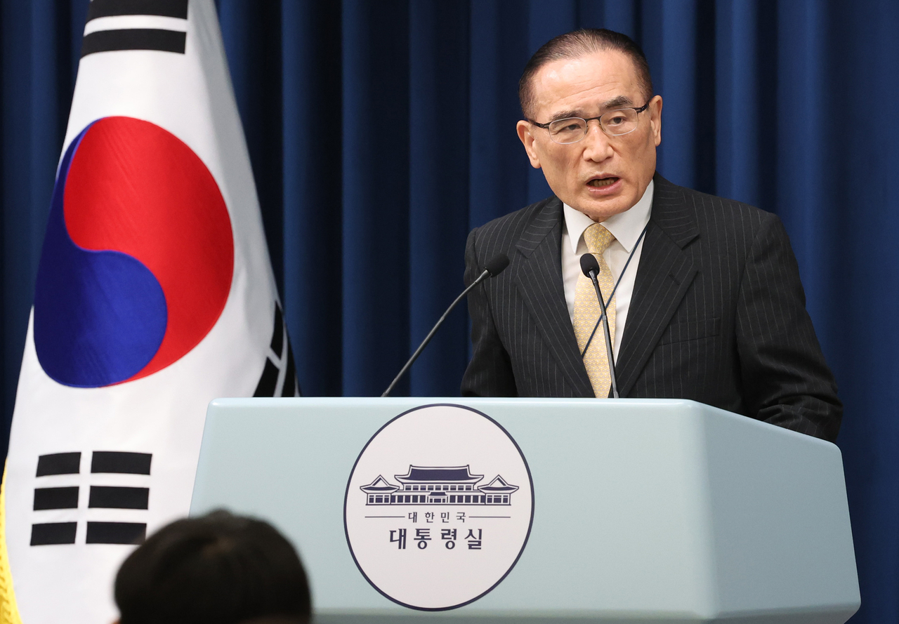 미국에서 귀국한 위성락 국가안보토토사이트 슈퍼맨이 9일 용산 대통령실에서 방미 결과에 관해 브리핑하고 있다. [연합]