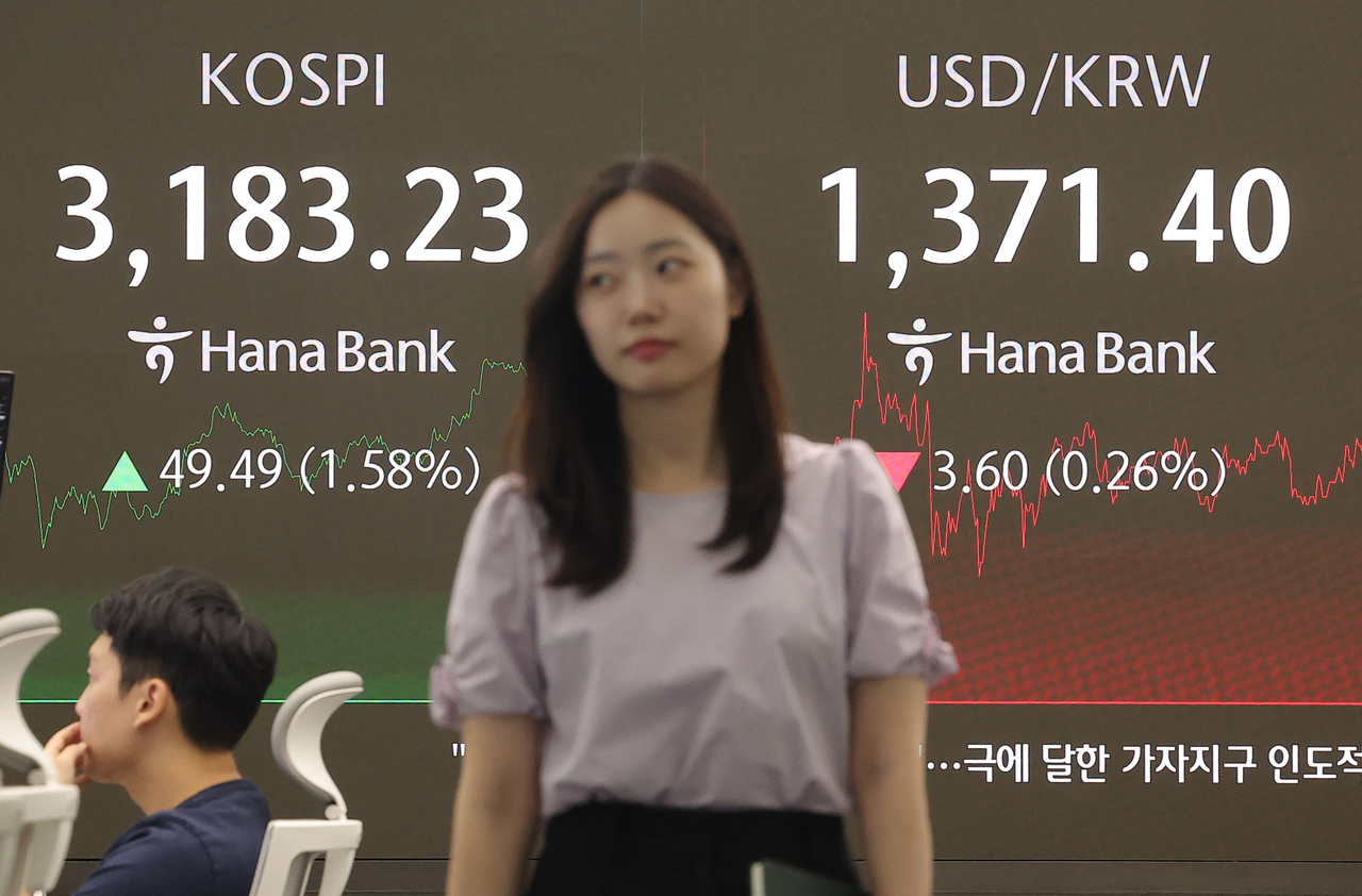 An electronic board showing the Korea Composite Stock Price Index at a dealing room of the Hana Bank headquarters in Seoul on Thursday. (Yonhap)