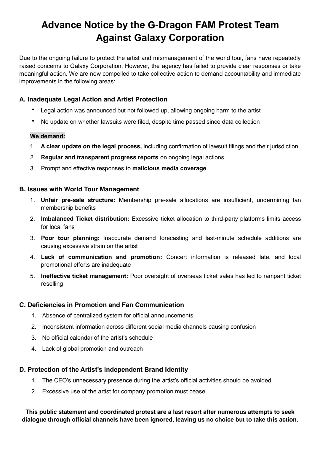 G-Dragon fans' offical statement urging Galaxy Corporation to correct its mismanagement and protect G-Dragon from hate comments online (G-Dragon fan's X account)